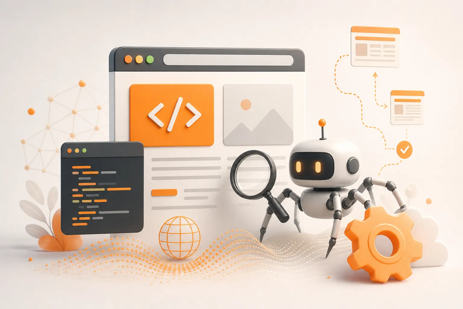 JavaScript SEO — Широкий предметный кадр темы с ясным центральным объектом и свободным пространством